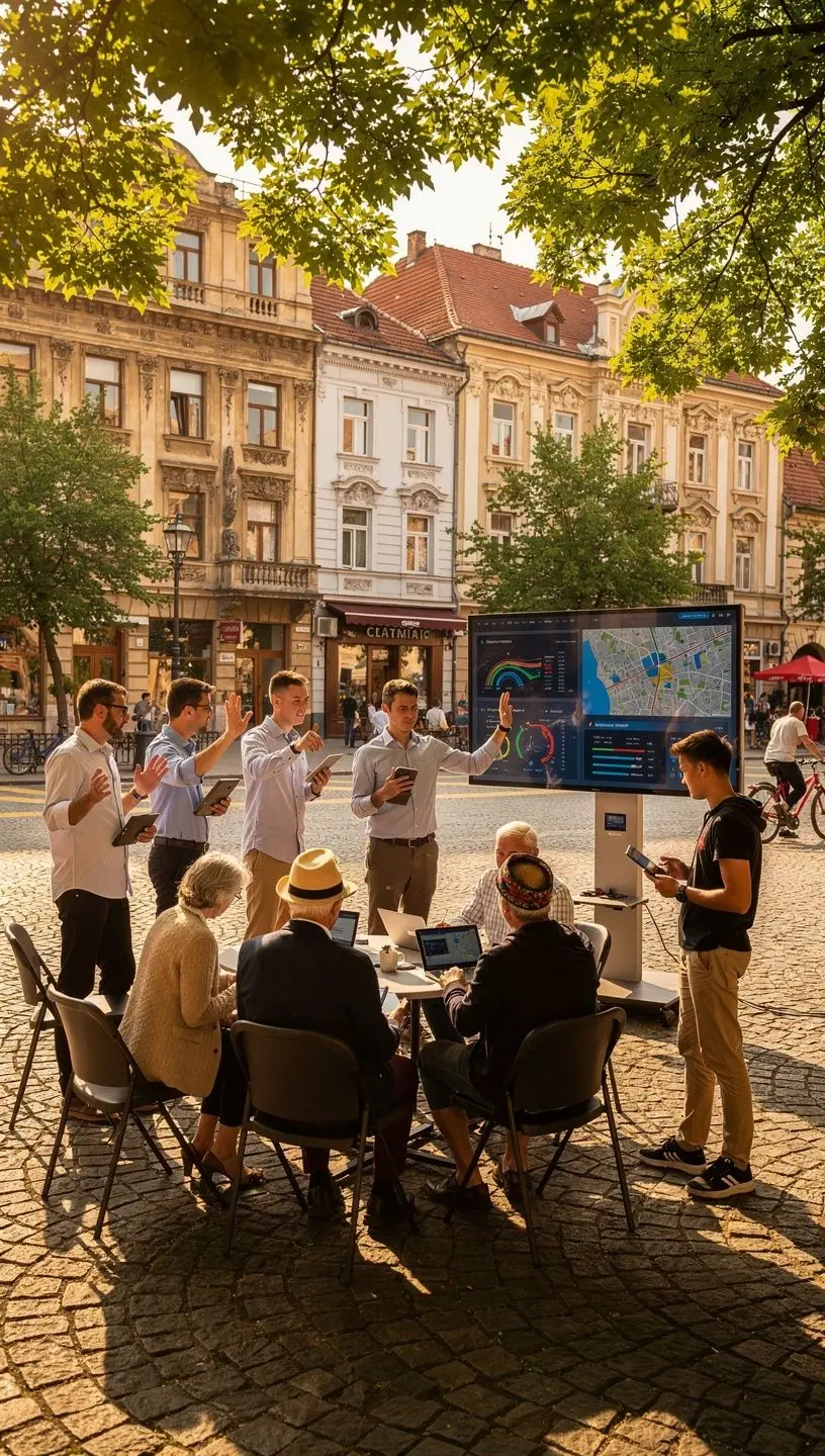 Imaginea unui grup divers de profesioniști care discută planuri de dezvoltare urbană digitală în fața unui ecran interactiv ce afișează hărți și statistici despre transformarea tehnologică a districtelor locale.